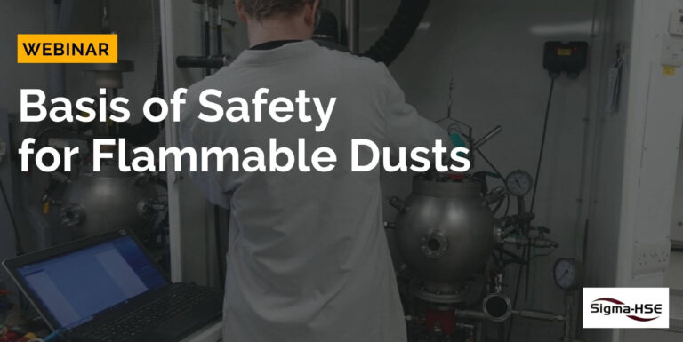 Engineer working with laboratory explosion-testing equipment promoting a webinar on Basis of Safety for flammable dusts.