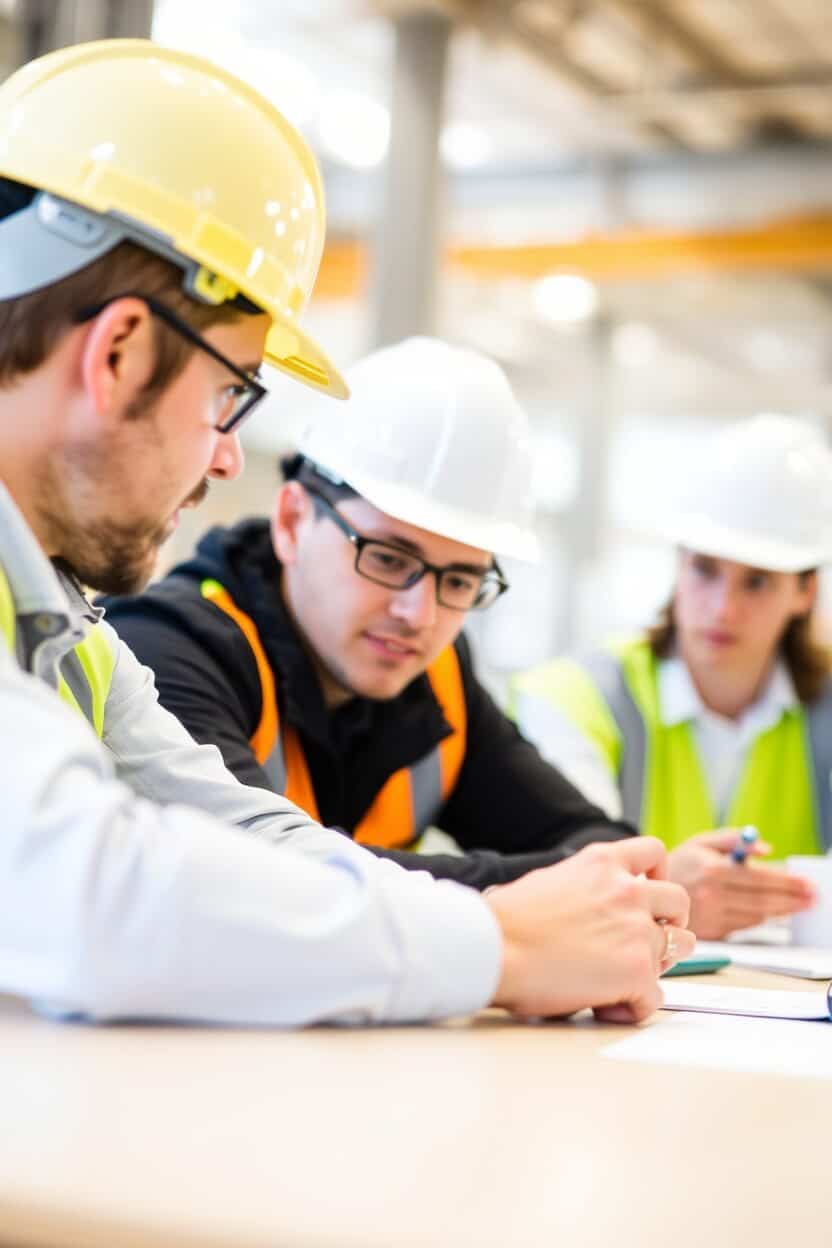 Process safety consultants reviewing OSHA PSM and combustible dust gap analysis documentation during a compliance meeting