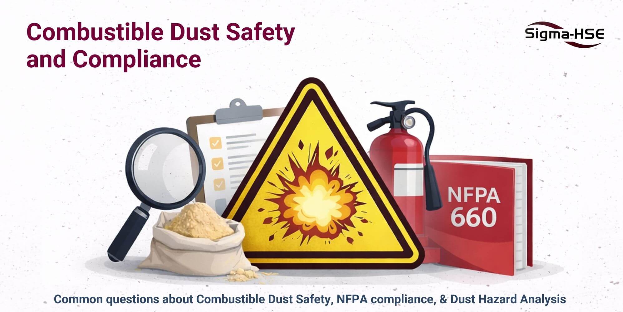 Combustible Dust FAQ illustrating dust explosion hazards, Dust Hazard Analysis, ignition sources, and NFPA 660 compliance