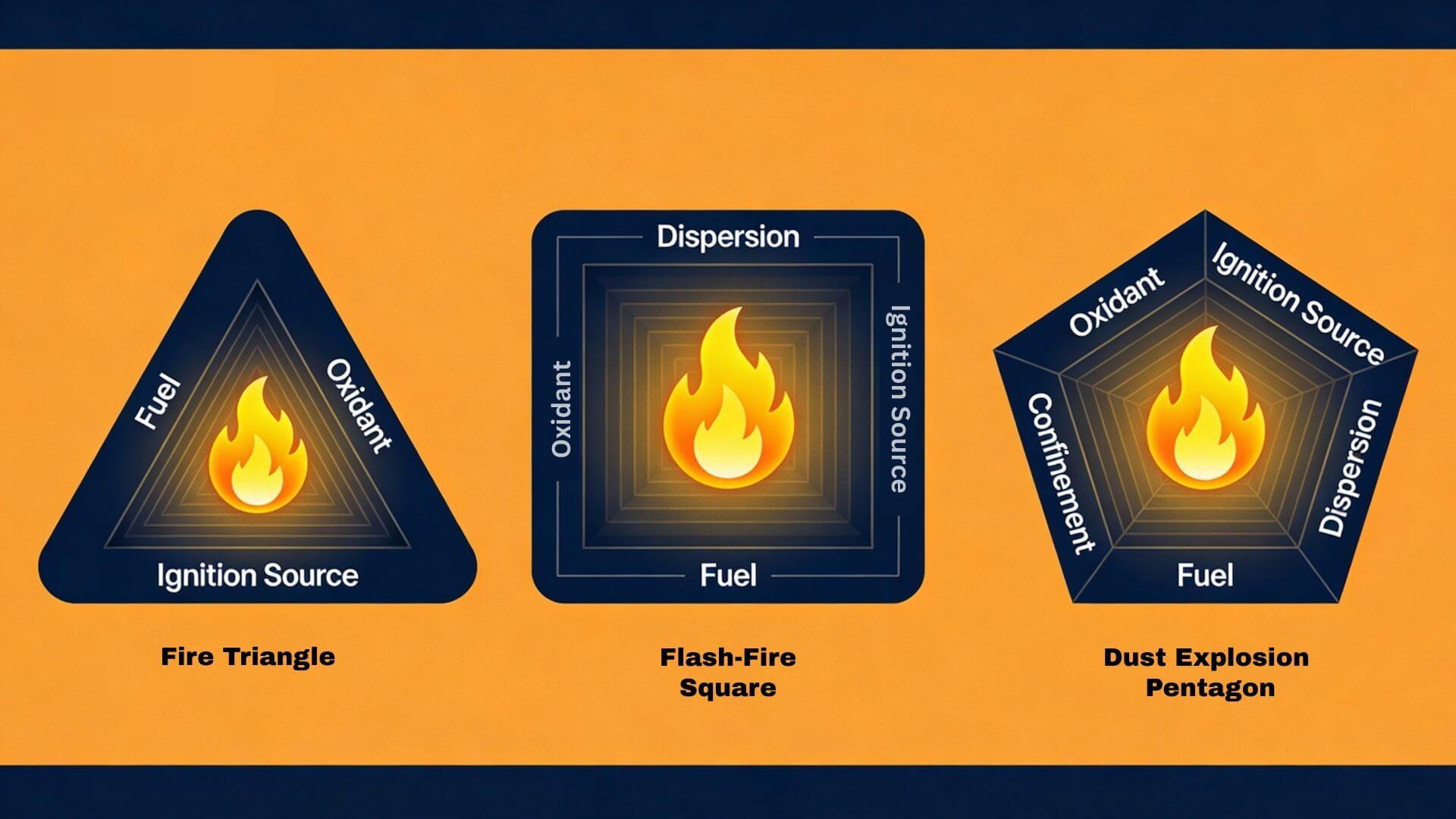 Fire triangle, flash-fire square, and dust explosion pentagon showing how fuel, oxidant, ignition, dispersion, and confinement combine to create combustible dust explosions
