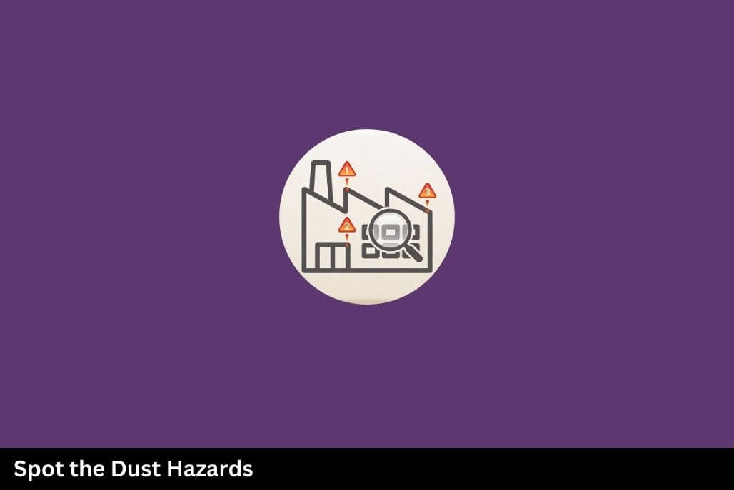 Flat icon of an industrial facility with markers and magnifying glass for spotting combustible dust hazards.