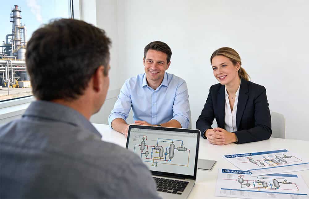 Process safety experts reviewing risk assessment and process diagrams during a consultation meeting