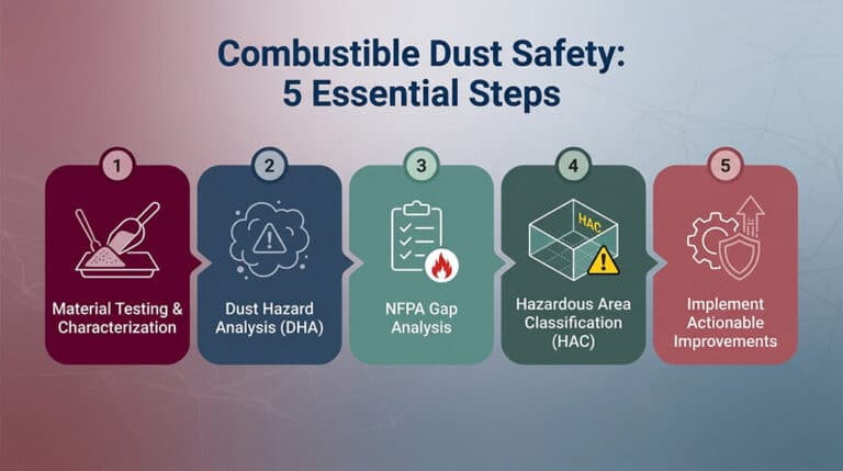 Combustible dust safety infographic showing five steps including material testing, dust hazard analysis, NFPA gap analysis, hazardous area classification, and safety improvements.