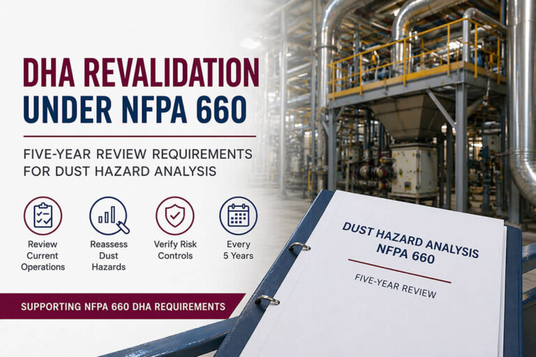 DHA revalidation under NFPA 660 showing industrial process equipment and Dust Hazard Analysis review document