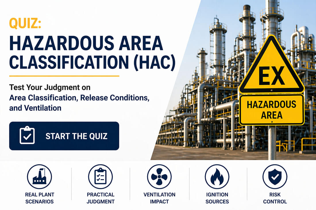 Hazardous Area Classification quiz banner with industrial facility and EX hazardous area sign
