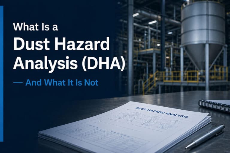 Dust Hazard Analysis (DHA) industrial process safety image showing combustible dust hazard evaluation and facility risk review
