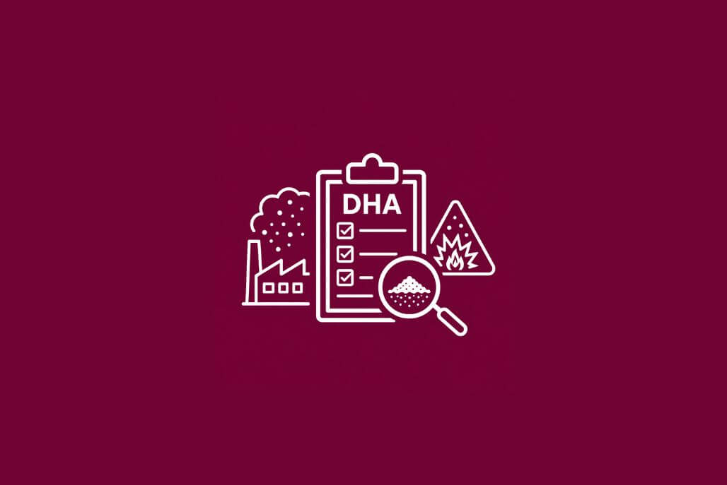 Dust Hazard Analysis (DHA) icon showing industrial facility, combustible dust inspection, and explosion hazard evaluation