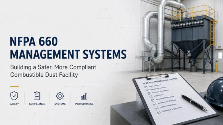 Industrial dust collection system representing NFPA 660 management systems and combustible dust safety programs