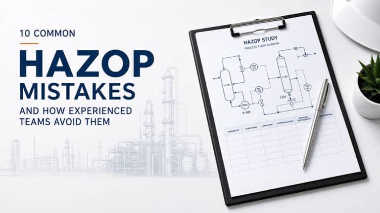 Graphic illustrating 10 common HAZOP mistakes with a HAZOP worksheet, process flow diagram, and industrial process facility background.