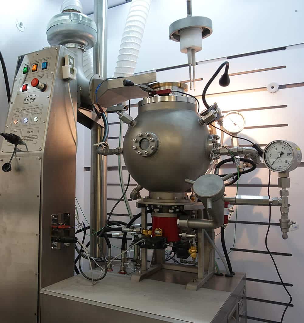 20-liter explosion vessel used for dust explosibility screening (Go/No-Go Test) of combustible dust samples.