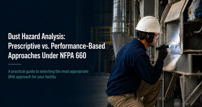 Engineer inspecting industrial equipment during a Dust Hazard Analysis comparing prescriptive and performance-based approaches under NFPA 660.