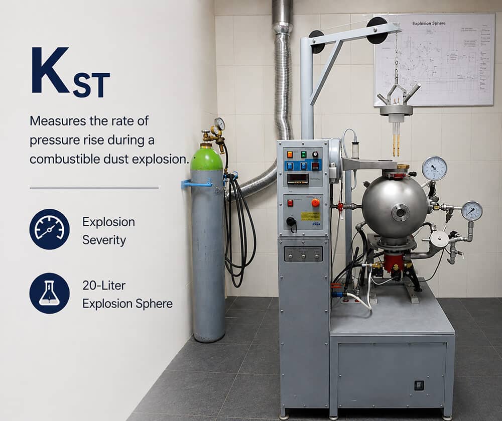 20-liter explosion sphere used for Kₛₜ and Pmax combustible dust testing to evaluate explosion severity.