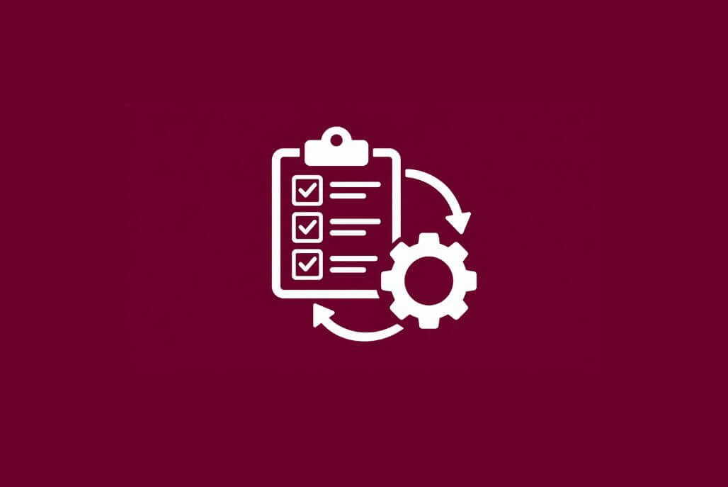 Icon illustrating Dust Hazard Analysis corrective actions with a checklist, gear, and arrows representing the process from DHA findings to implementation.