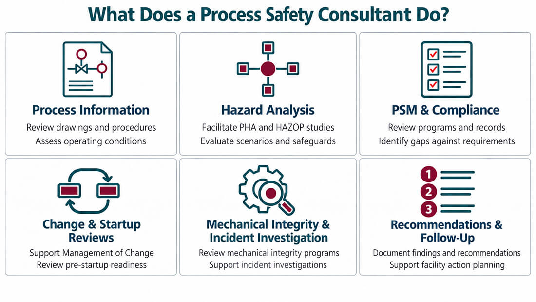 Process safety consultant responsibilities, including hazard analysis, PSM compliance, change and startup reviews, mechanical integrity, incident investigation, and action planning.