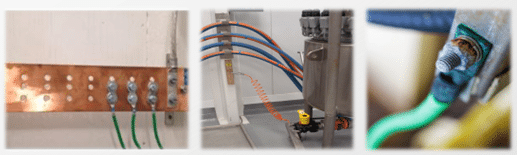 Images showing grounding and bonding systems used to prevent electrostatic discharge in powder and liquid handling facilities