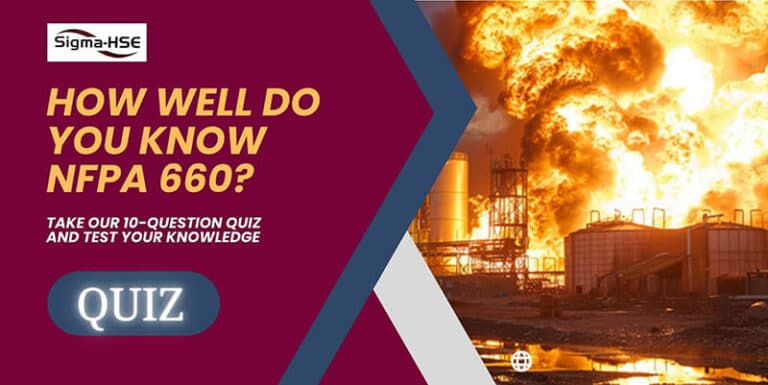 NFPA 660 quiz banner showing industrial explosion with quiz prompt