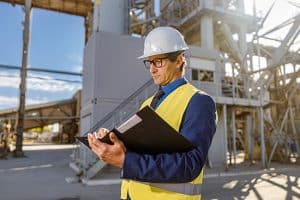 Engineer conducting Pre-Startup Safety Review (PSSR) in an industrial setting.