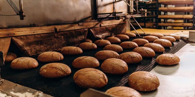 Food and beverage process safety—bread loaves on production line with hazard management and compliance solutions.