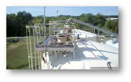Industrial storage tank with access platforms showing equipment risks under BOSS safety evaluation.