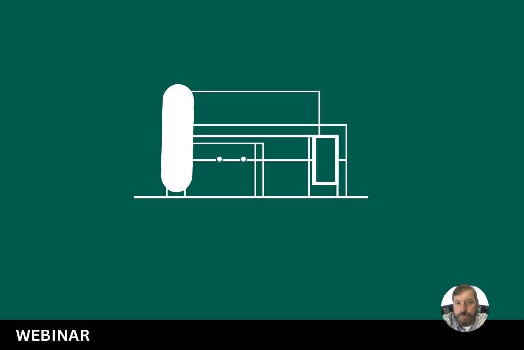 Stylized process layout with tank and piping lines representing webinar on Critical Safety Devices (CSDs)
