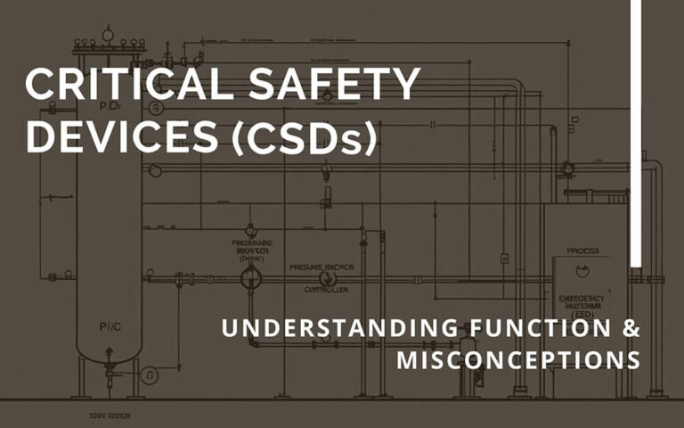 Diagram showing process equipment and safety shutdown device labeled as Critical Safety Device (CSD)