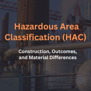 Hazardous Area Classification (HAC) – industrial plant with text overlay describing construction, outcomes, and material differences in fire and explosion risk assessment.