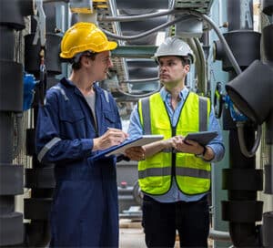 Two safety professionals in PPE conducting a Quantitative Risk Assessment (QRA) in an industrial setting, discussing hazard identification and risk mitigation strategies.