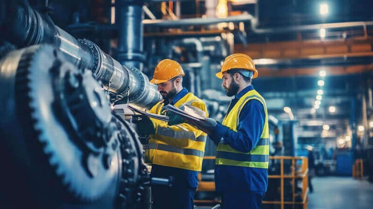 Two safety professionals in hard hats reviewing process documents at an industrial site